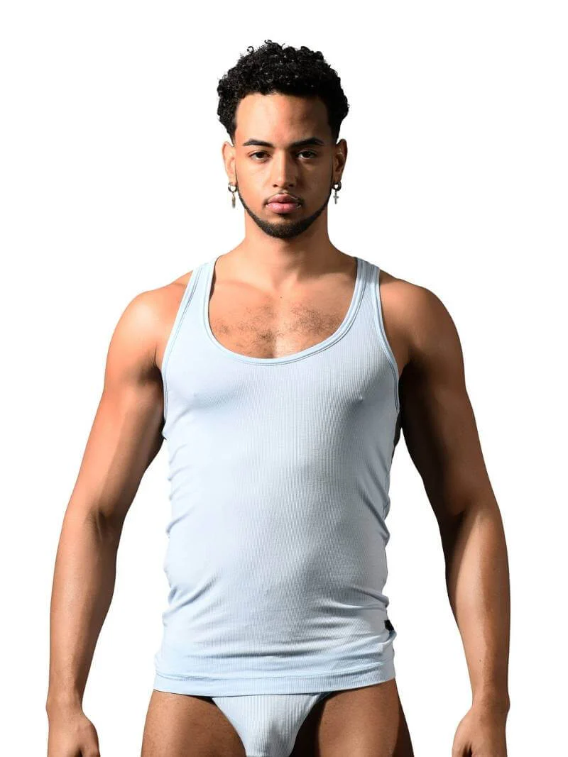 Andrew Christian Beater Vest: Stretchy Ribbed Rayon, Light Blue, Medium