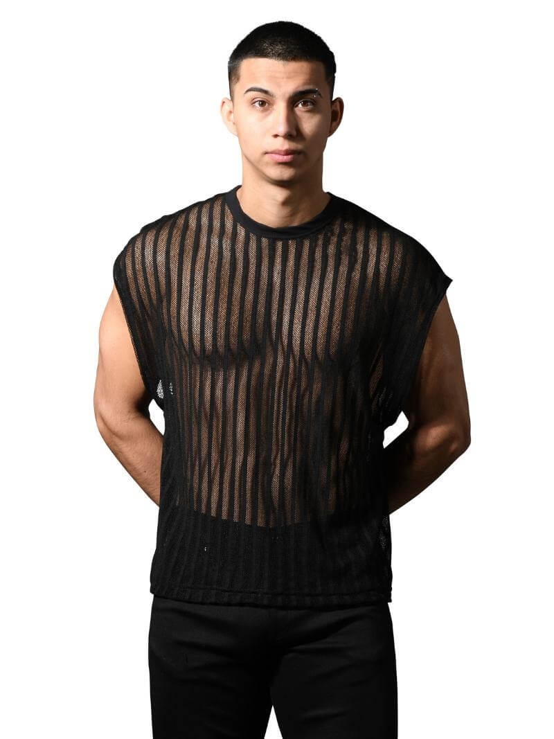 Andrew Christian Wide-Shoulder Striped Mesh Tank - SIZE SMALL