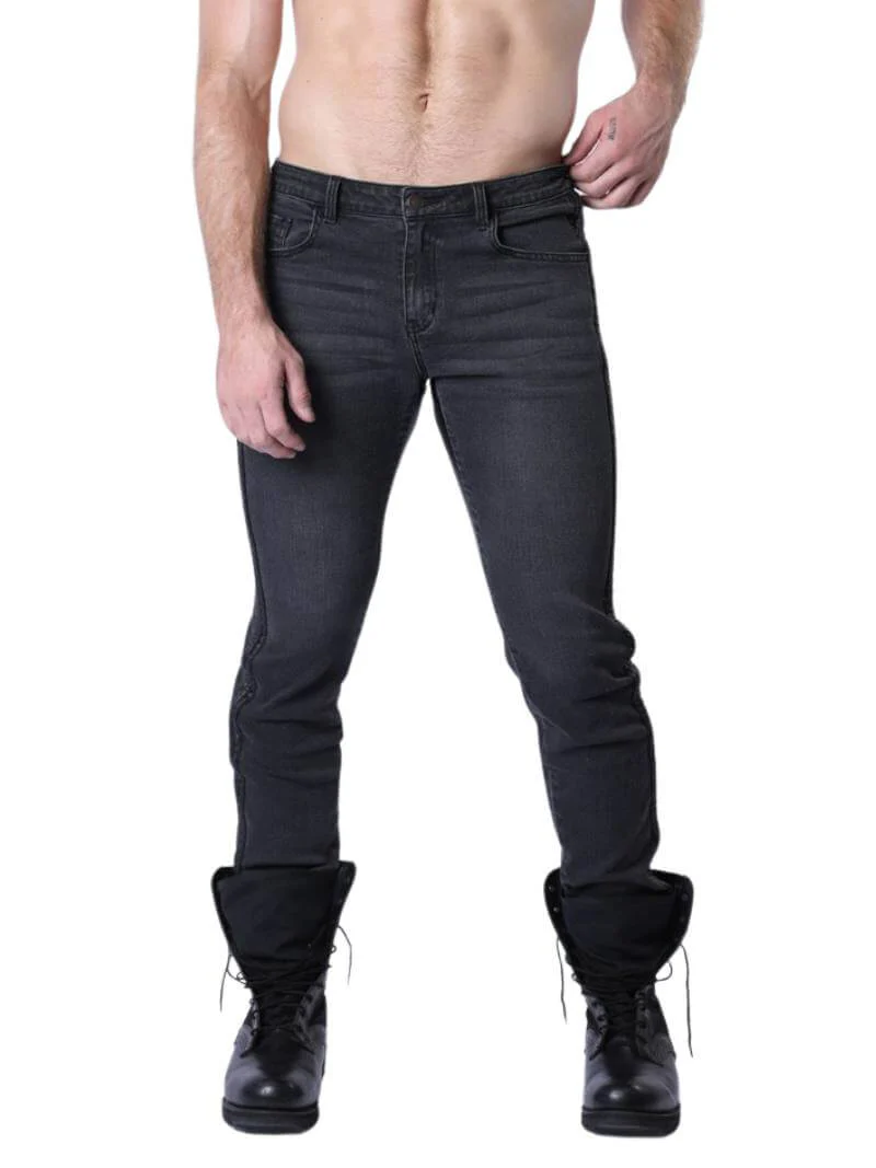 CellBlock13 Saddleback Stretch Fit Black Denim Jeans with Leatherette Panels & Side Tape - 30"
