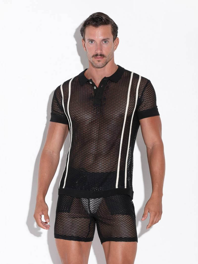 CODE22 Openwork Polo Shirt: Jacquard Crochet, Button-Up, Collared