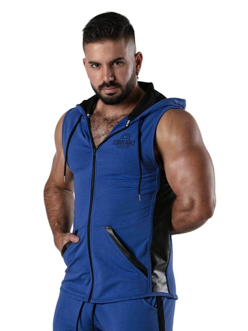 Locker Gear Ribbed Cotton & Leatherette Sleeveless Hoody: Zipped, Pockets, Hooded